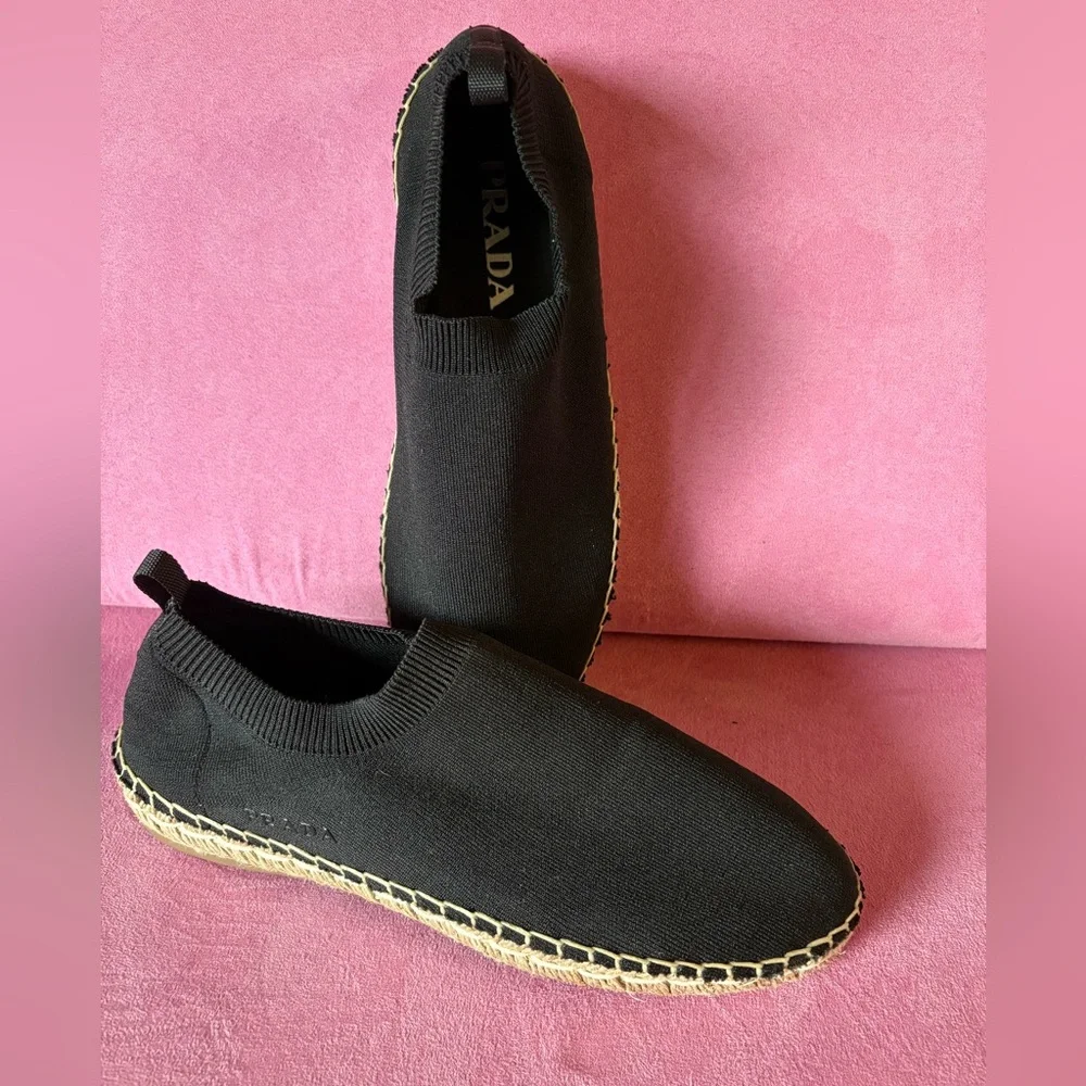 Prada Calzature Donna Black Knit Cotton Espadrille Shoes Slip On Jute Trim 37.5